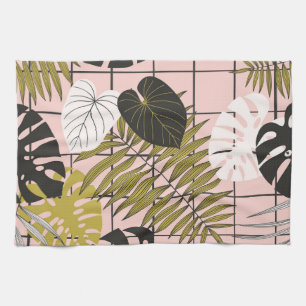 Tropical leaves, flowers, hand-painted pattern. kitchen towel