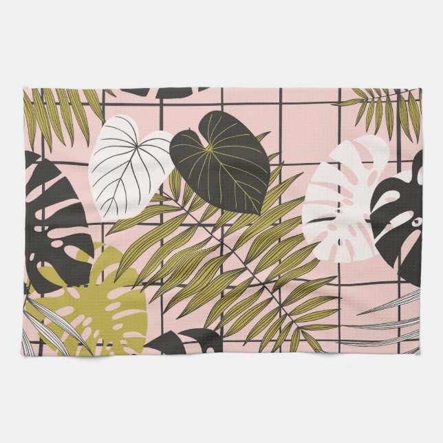 Tropical leaves, flowers, hand-painted pattern. kitchen towel (Horizontal)