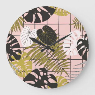 Tropical leaves, flowers, hand-painted pattern. large clock