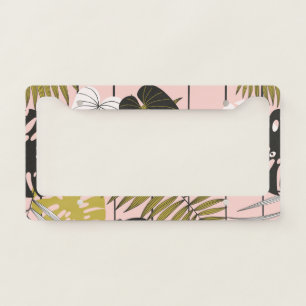 Tropical leaves, flowers, hand-painted pattern. license plate frame