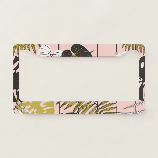 Tropical leaves, flowers, hand-painted pattern. license plate frame (Front)