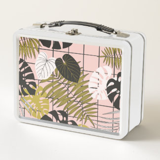 Tropical leaves, flowers, hand-painted pattern. metal lunch box