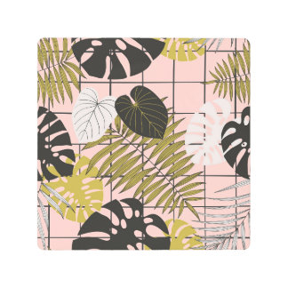 Tropical leaves, flowers, hand-painted pattern. metal print