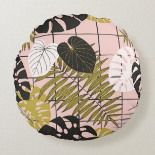 Tropical leaves, flowers, hand-painted pattern. round pillow
