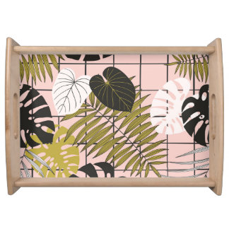 Tropical leaves, flowers, hand-painted pattern. serving tray
