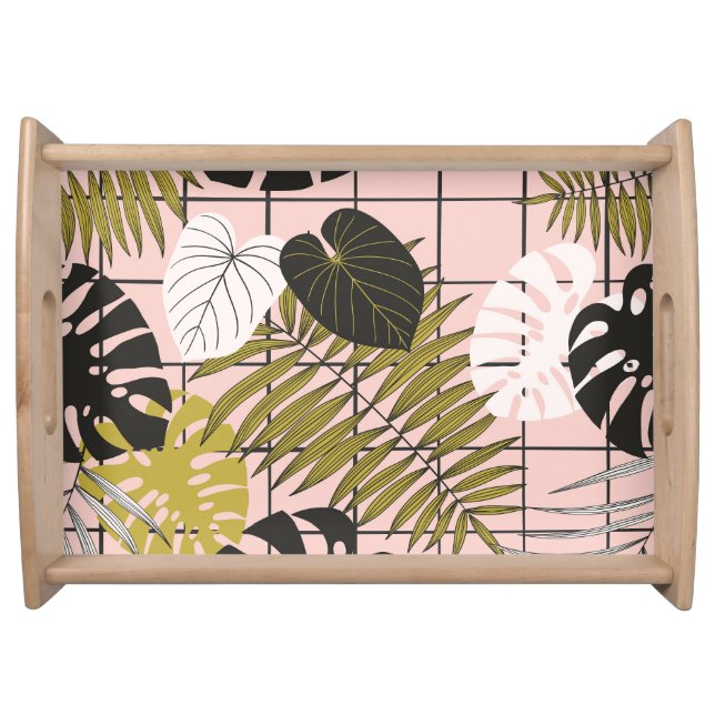 Tropical leaves, flowers, hand-painted pattern. serving tray (Front)