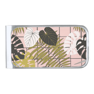 Tropical leaves, flowers, hand-painted pattern. silver finish money clip