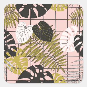 Tropical leaves, flowers, hand-painted pattern. square sticker