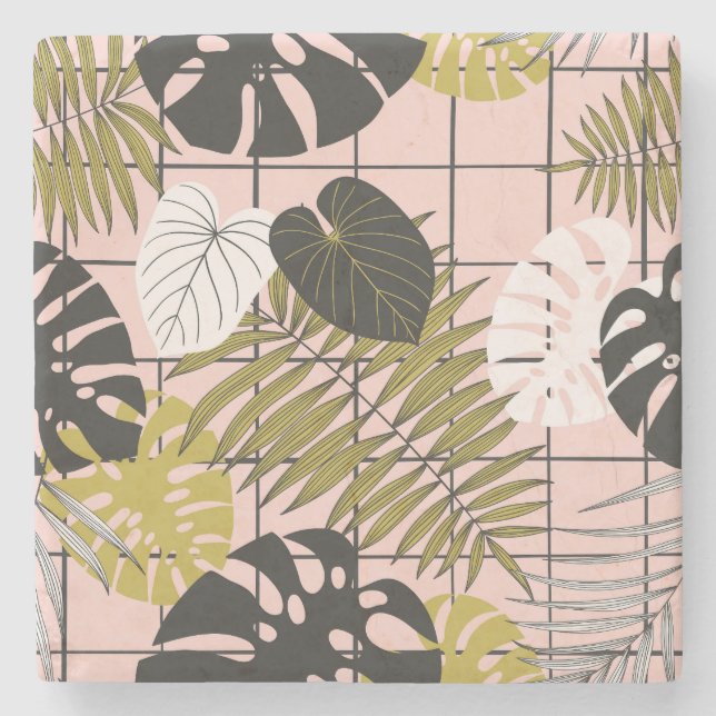 Tropical leaves, flowers, hand-painted pattern. stone coaster (Front)
