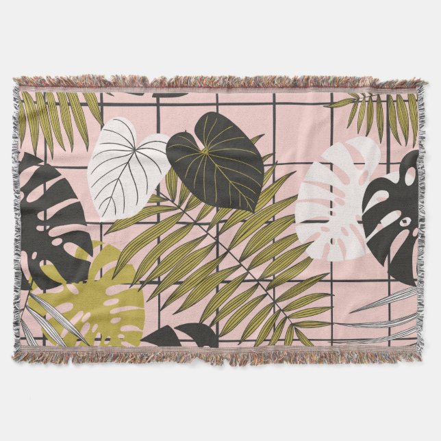 Tropical leaves, flowers, hand-painted pattern. throw blanket (Front)
