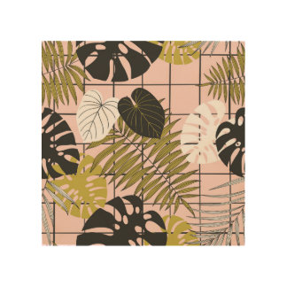 Tropical leaves, flowers, hand-painted pattern. wood wall art