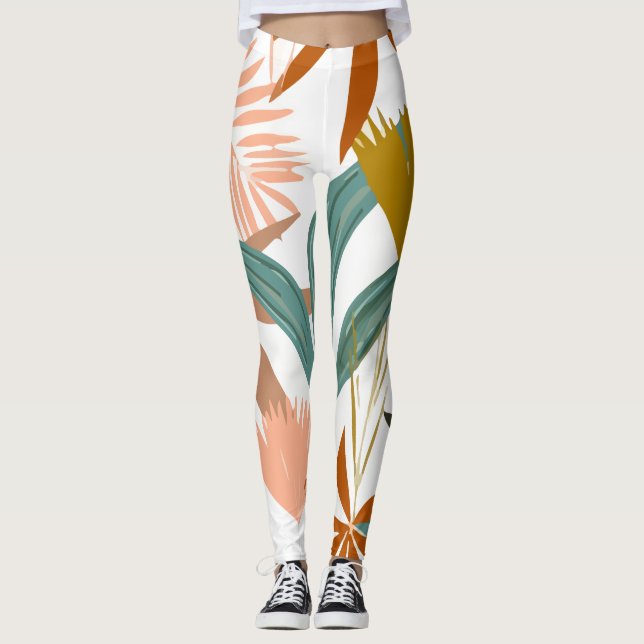 Tropical Leaves Flowers Leggings (Front)