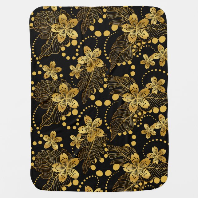 tropical leaves & flowers pattern in gold on black baby blanket (Front)