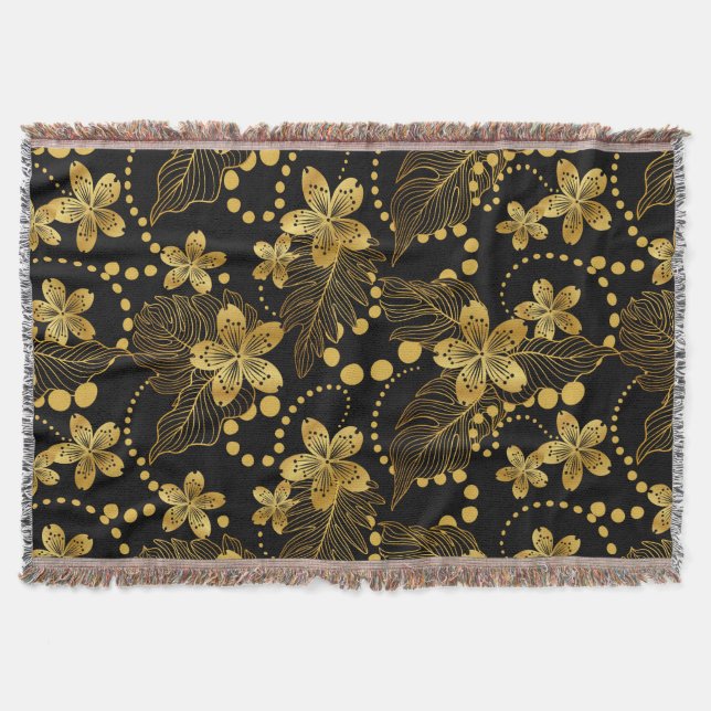 tropical leaves & flowers pattern in gold on black throw blanket (Front)