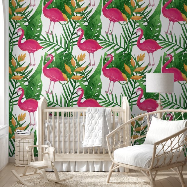 Tropical Leaves, Flowers, Pink Flamingos Pattern Wallpaper (Kids)