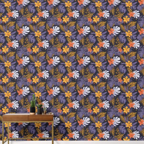 Tropical Leaves Flowers Purple Orange Yellow White Wallpaper