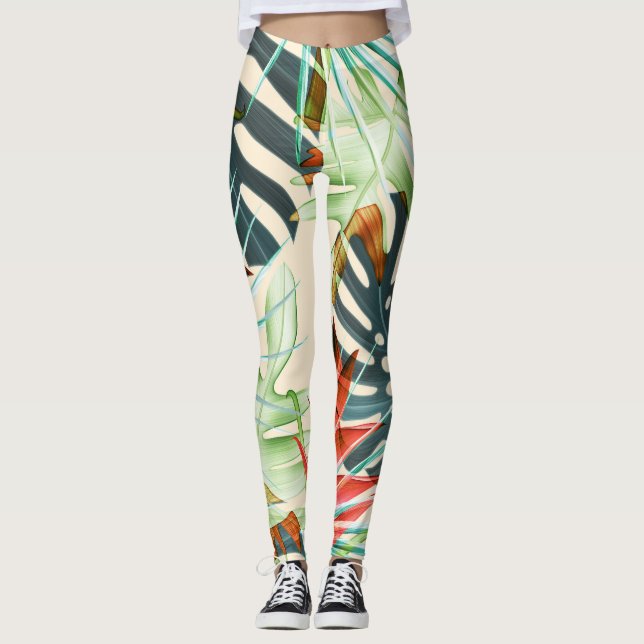 Tropical Leaves & Flowers: Vibrant Pattern Leggings (Front)