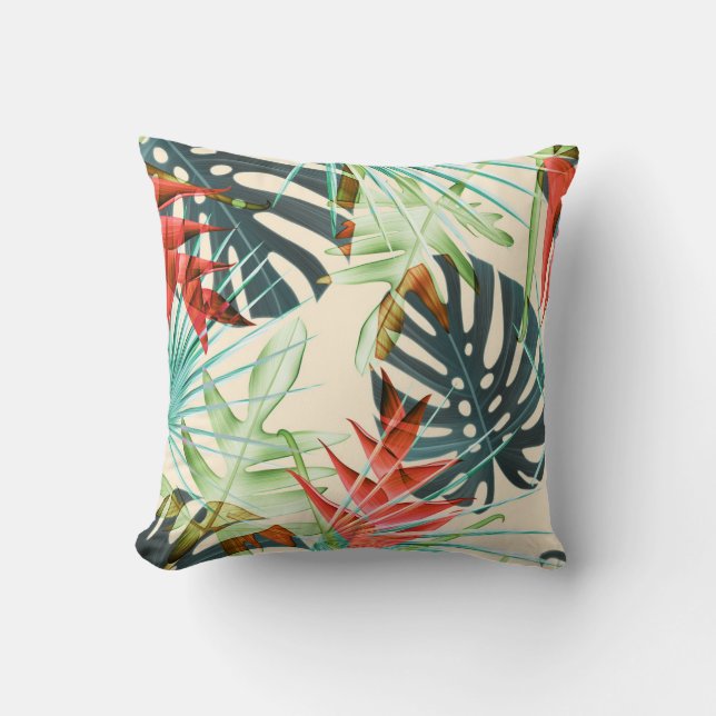 Tropical Leaves & Flowers: Vibrant Pattern Throw Pillow (Front)