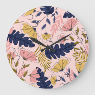 Tropical Leaves Flowers Vintage Print Large Clock