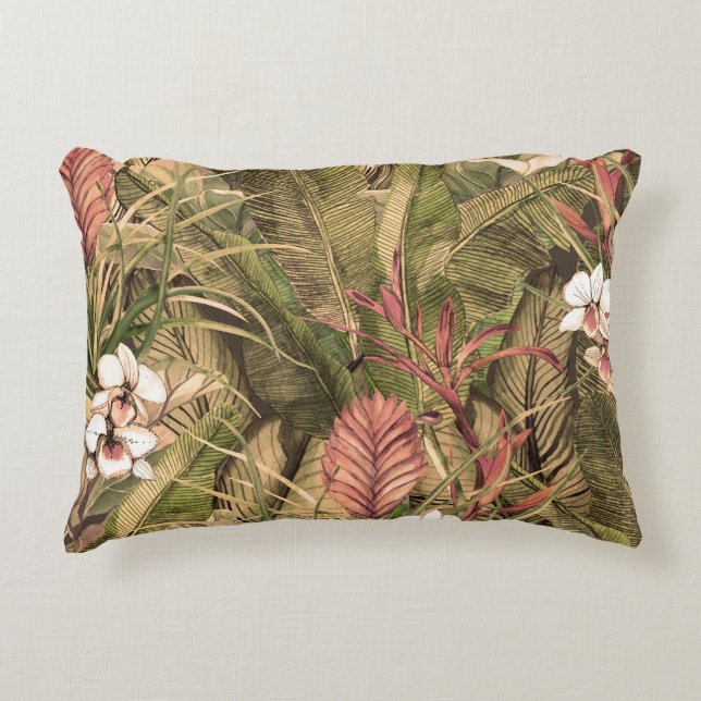 Tropical Leaves Flowers Watercolor Pattern Accent Pillow (Front)