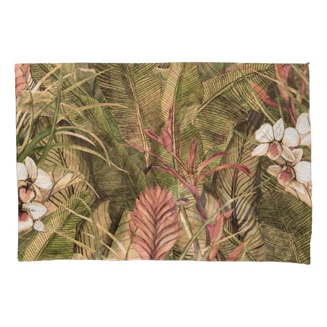 Tropical Leaves Flowers Watercolor Pattern Pillow Case (Front)