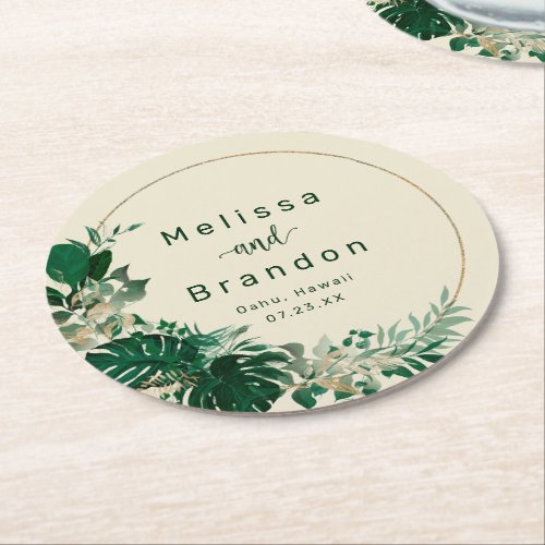 Tropical Leaves  Foliage Circle Wreath Wedding Round Paper Coaster
