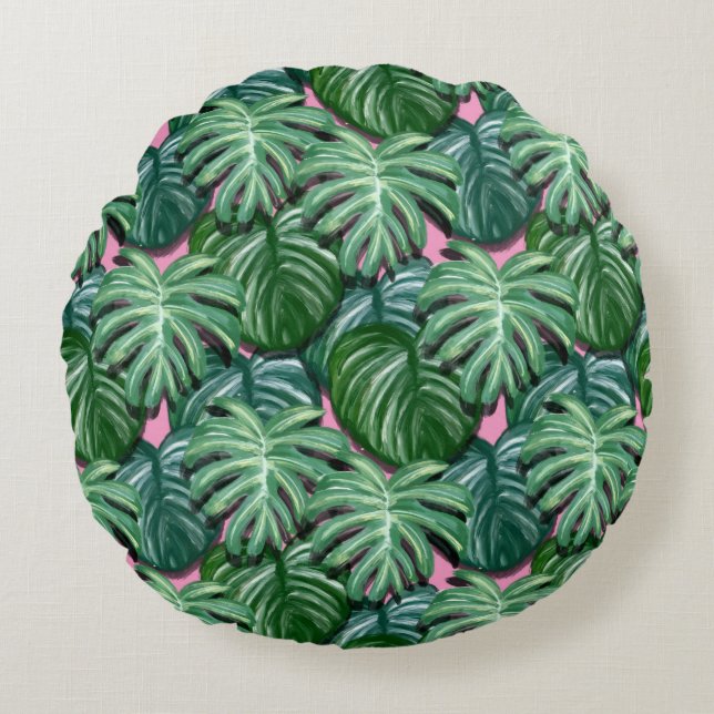 Tropical Leaves Foliage Green & Lush Round Pillow (Front)