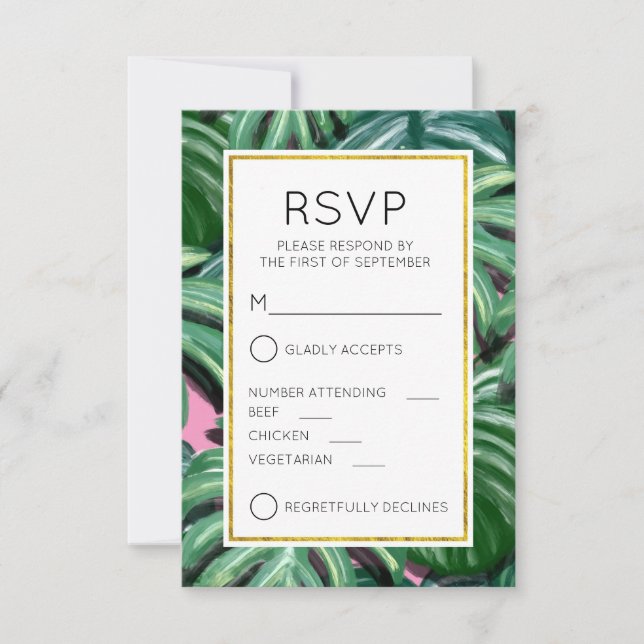 Tropical Leaves Foliage Green & Lush RSVP Card (Front)