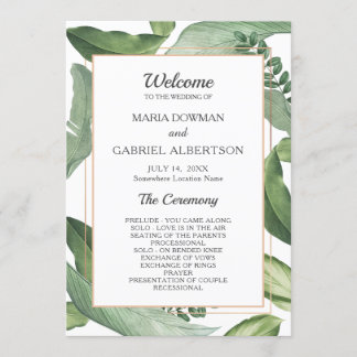 Tropical leaves Frame. Botanical Wedding Program