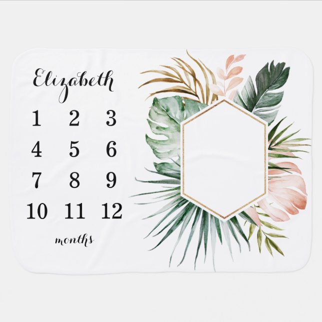 Tropical Leaves Frame Milestone Baby Blanket (Horizontal)