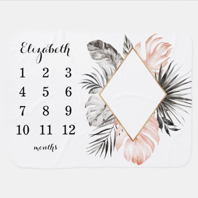 Tropical Leaves Frame Milestone Baby Blanket (Horizontal)