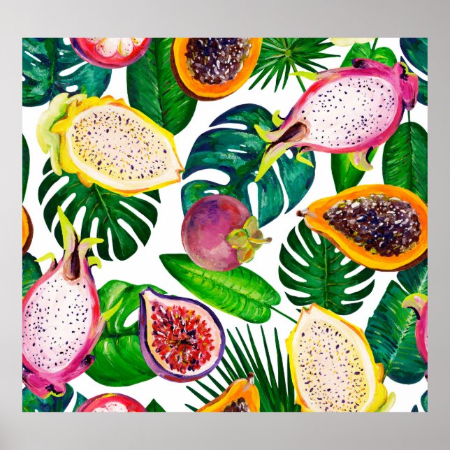 Tropical leaves, fruits, gouache seamless pattern. poster (Front)