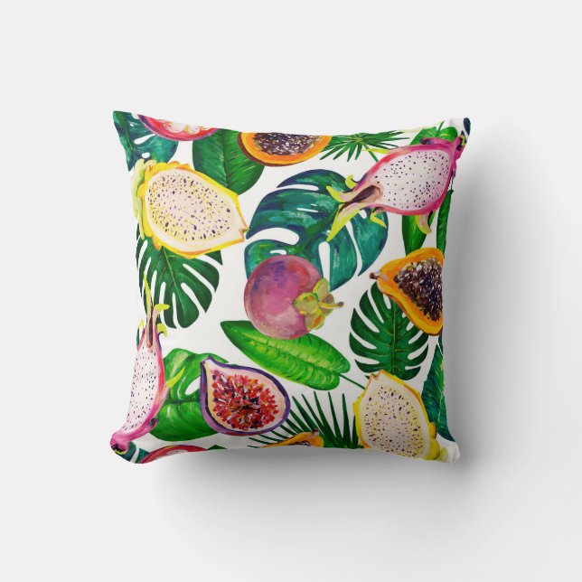 Tropical leaves, fruits, gouache seamless pattern. throw pillow (Front)
