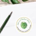 Tropical Leaves Fun Holiday Lights Return Address Classic Round Sticker<br><div class="desc">This fun tropical holiday design features a customizable name in popular hand lettered script typography and return address in an easy-to-read sans serif font inside a gold edged white circle. At the very center is a tropical Hawaiian monstera or philodendron leaf covered with multicolored lights. This sticker makes a great...</div>