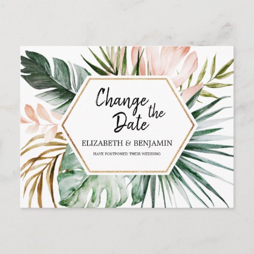 Tropical Leaves Geometric Frame Change the Date Postcard