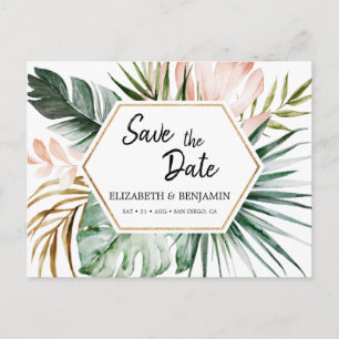 Tropical Leaves Geometric Frame Save the Date Postcard