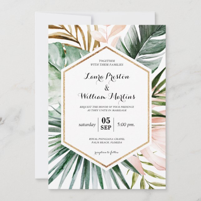 Tropical Leaves Geometric Glitter Frame Wedding Invitation (Front)