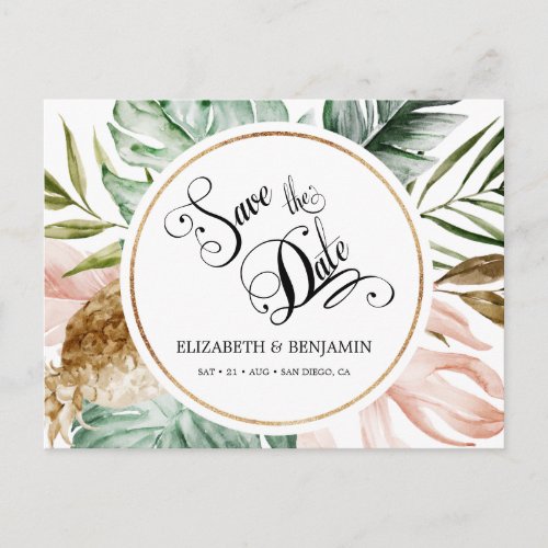 Tropical Leaves Geometric Gold Frame Save the Date Postcard