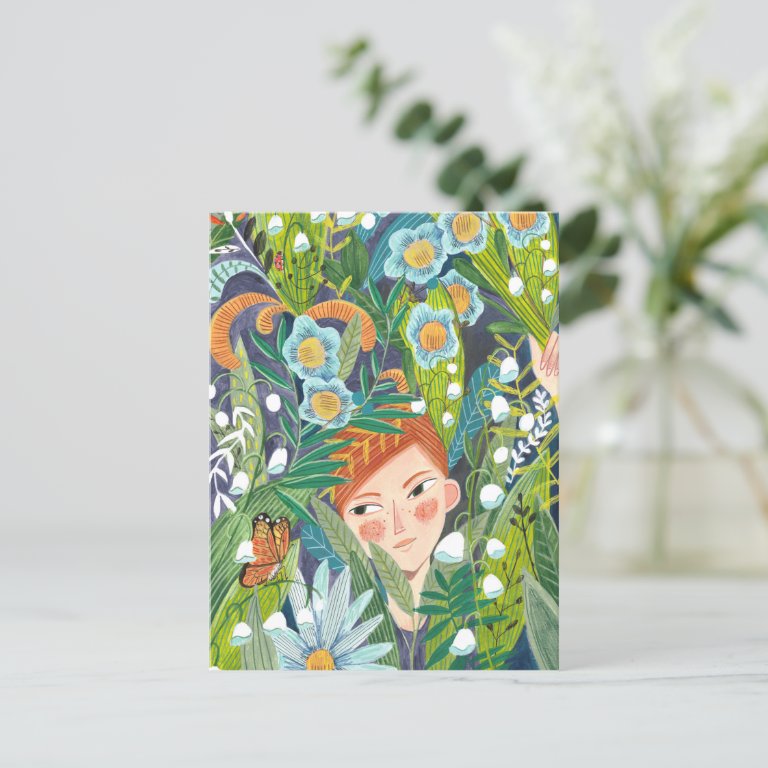 Tropical leaves girl modern green postcard