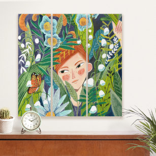 Tropical leaves girl modern green triptych
