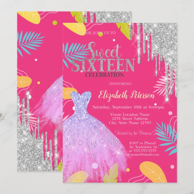 Tropical Leaves Glitter Dress Pink Sweet 16 Invitation (Front/Back)