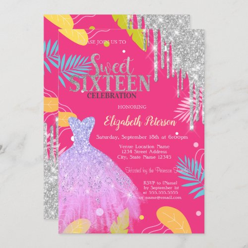 Tropical Leaves Glitter Dress Pink Sweet 16 Invitation