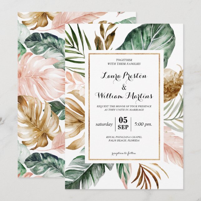Tropical Leaves Glitter Geometric Frame Wedding Invitation (Front/Back)