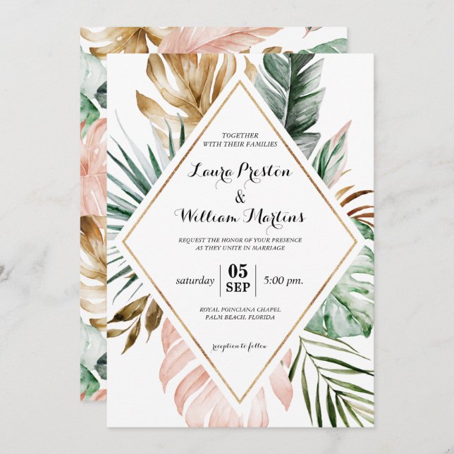 Tropical Leaves Glitter Geometric Frame Wedding Invitation (Front/Back)