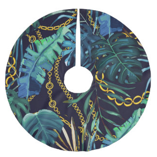 Tropical leaves, gold chains, seamless. brushed polyester tree skirt