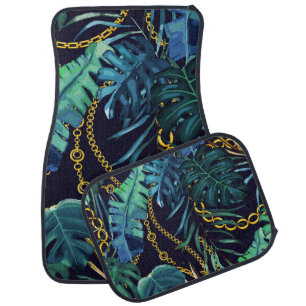 Tropical leaves, gold chains, seamless. car floor mat