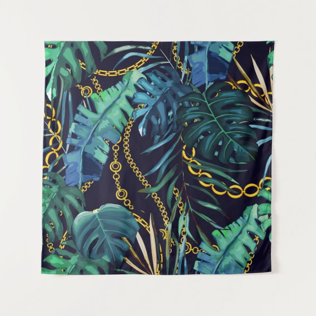 Tropical leaves, gold chains, seamless. tapestry (Front)