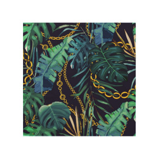 Tropical leaves, gold chains, seamless. wood wall art