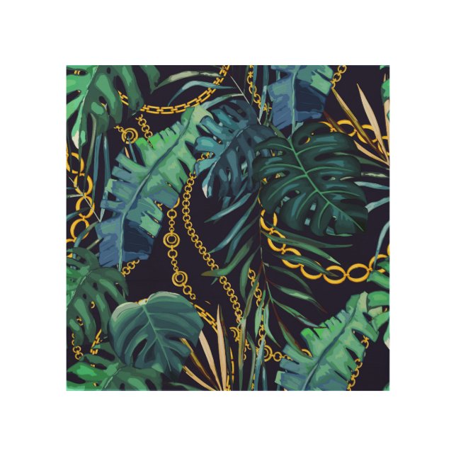 Tropical leaves, gold chains, seamless. wood wall art (Front)