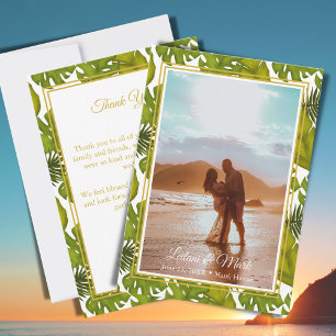 Tropical Leaves Gold Destination Wedding Photo Thank You Card